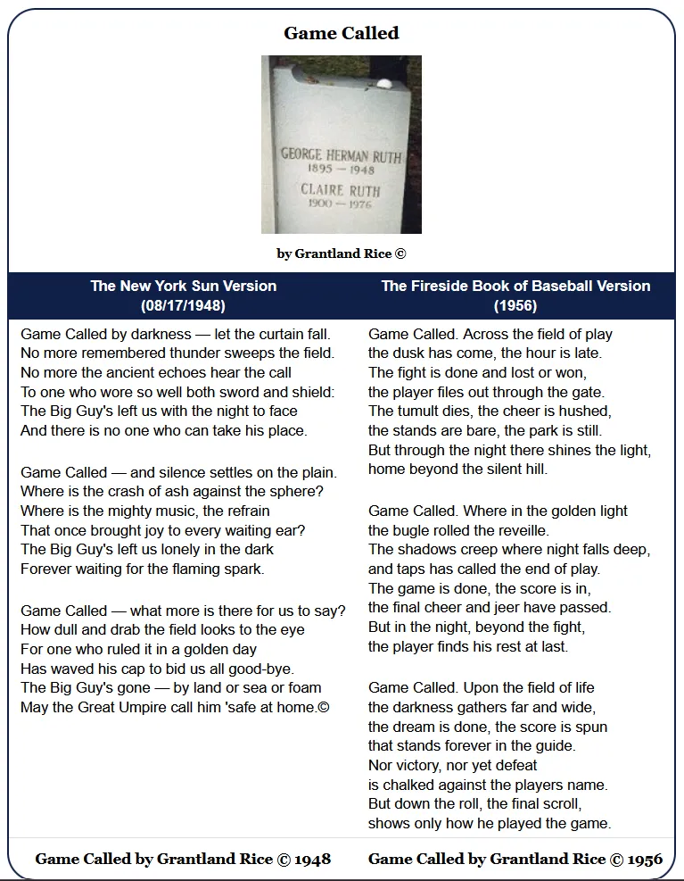 Two versions of the poem “Game Called” by Grantland Rice, side by side