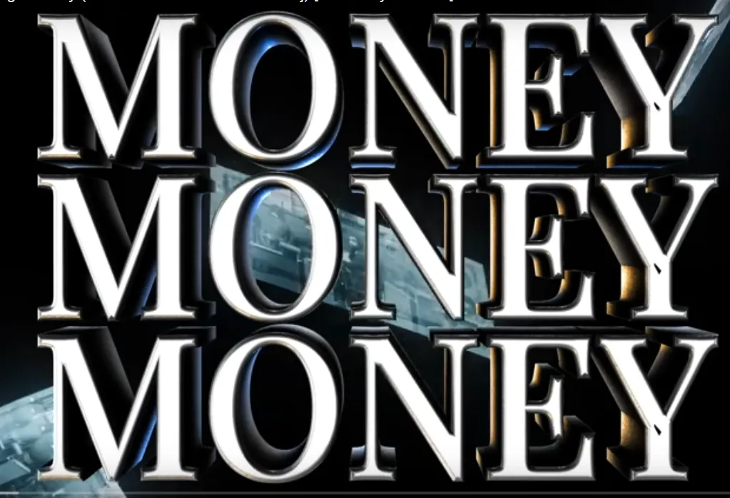 The word MONEY three times in big silver letters