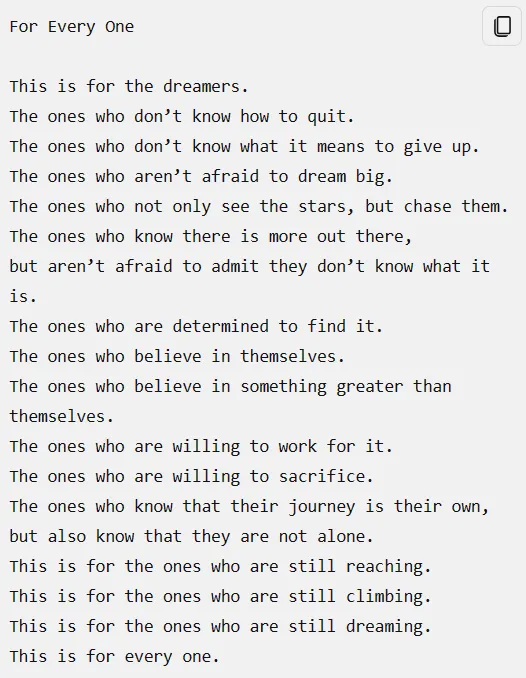 The poem “For Every One,” beginning “This is for the dreamers”
