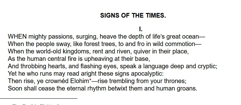 Lady Jane Wilde’s poem “Signs of the Times” in an old book