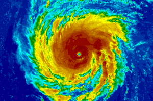 Satellite image of a hurricane swirling over the ocean