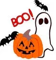 Cartoon ghost and jack-o’-lantern shouting BOO!, with bats
