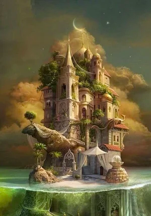 A fairy-tale castle growing out of a rocky island under a crescent moon