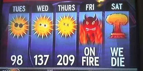 Weather forecast with blazing suns: 98, 137, 209, then a devil labeled On Fire and a mushroom cloud labeled We Die